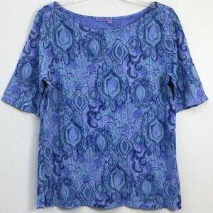 Fresh Produce Short Sleeve Boat Neck Blue Mandela Pattern Blouse Size M